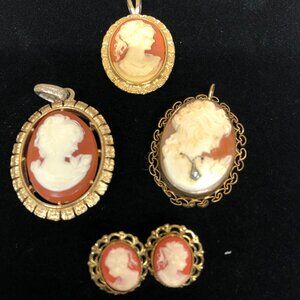 Coral Cameo’s 3 Pendants Earring Set - Gold Tone, tiny stone(diamond?)